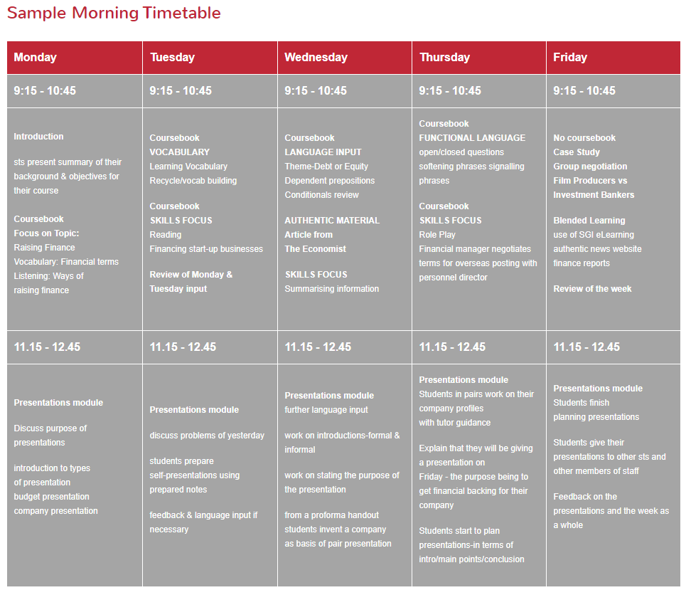 morning schedule timetable